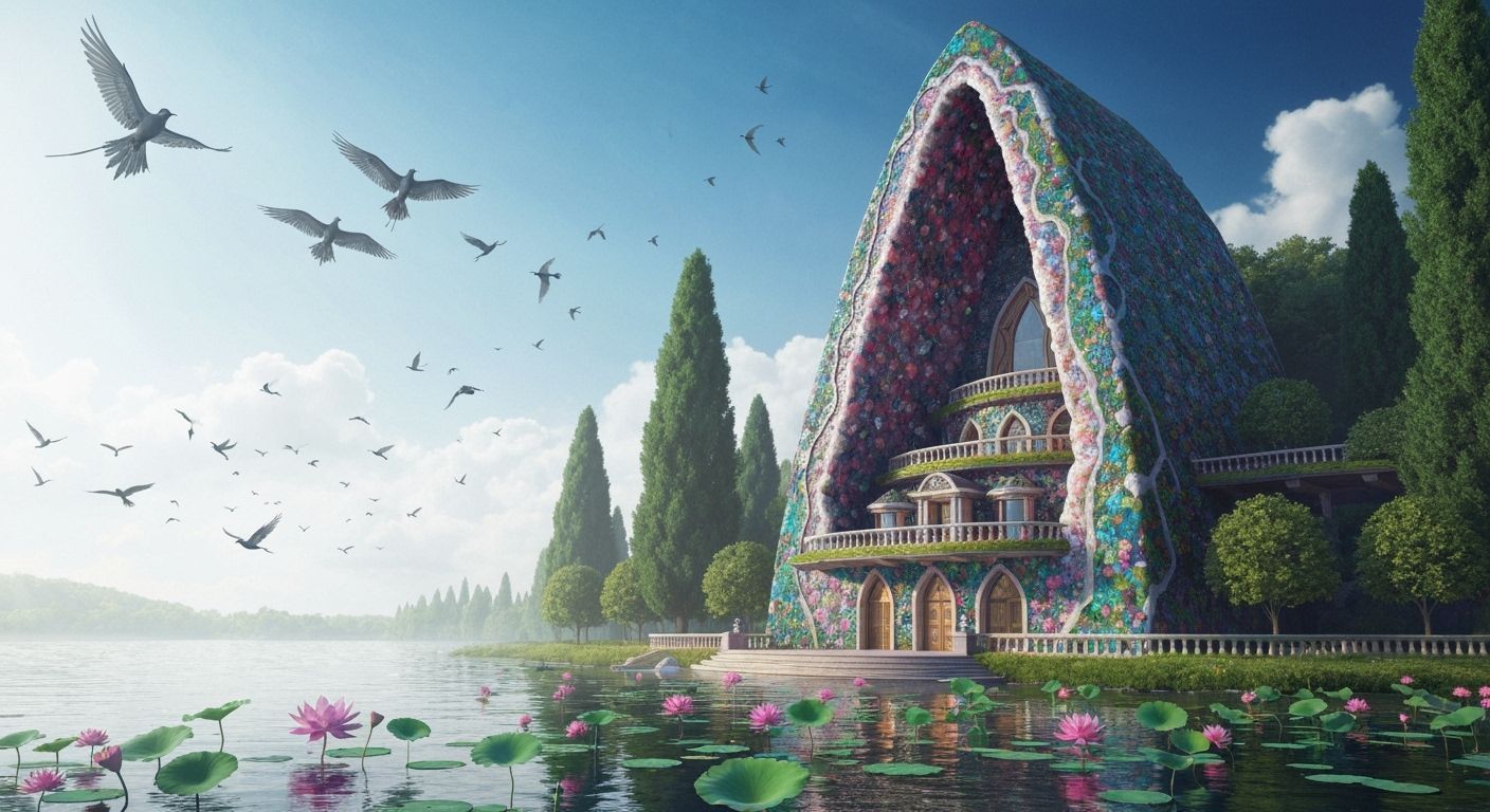 Gemstone Geode House Overlooking Water with Birds in Flight