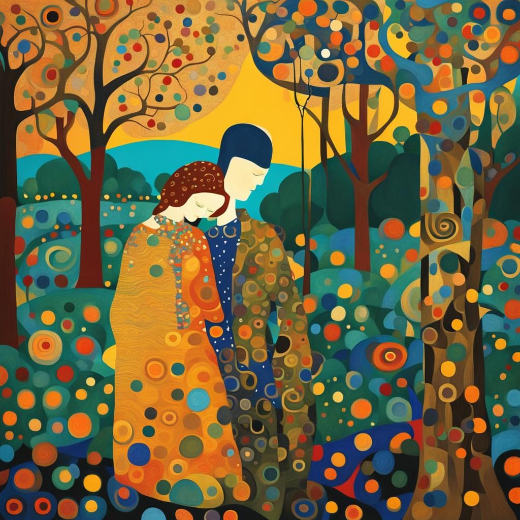 Lovers in Park: Art Nouveau Abstract Painting