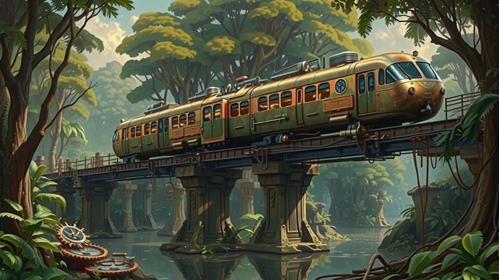 Steampunk Monorail in Lush Jungle, Cinematic Concept Art