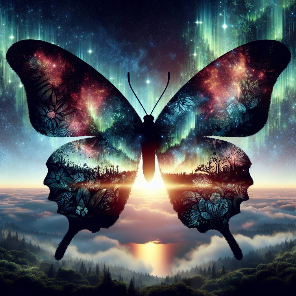 Butterfly Silhouette with Biopunk Aurora Sunset