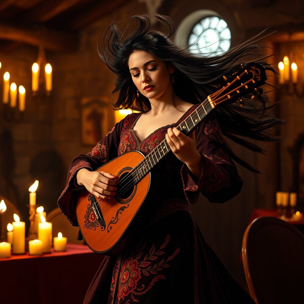 Regal Female Bard Performs Flamenco in Mystical Medieval Tav...