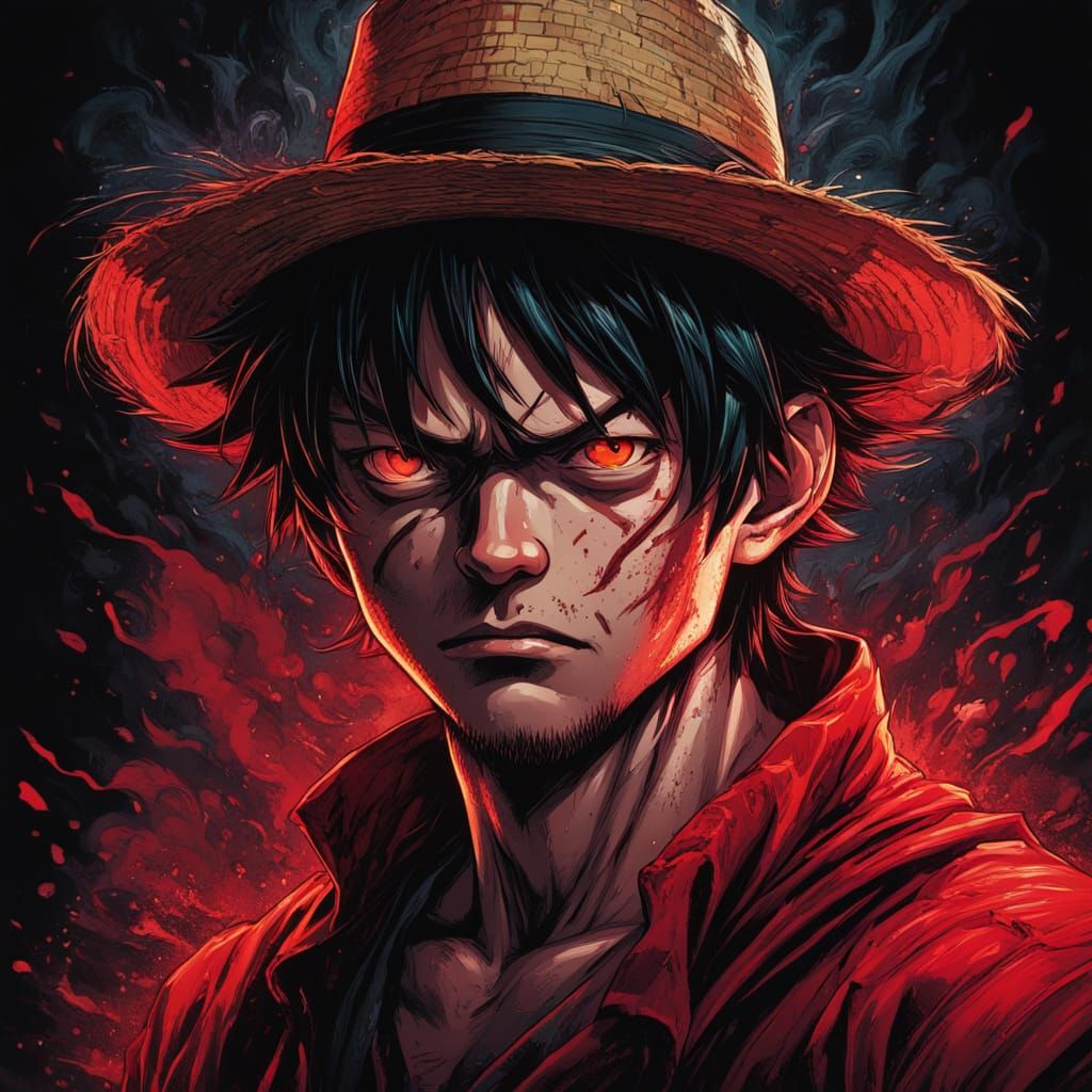 Menacing Anime Warrior in Dark Red Hues