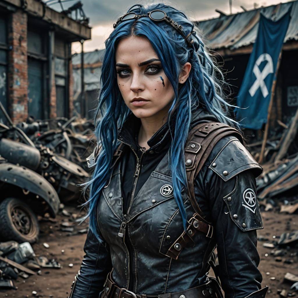 Post-Apocalyptic Woman with Blue Hair and Army