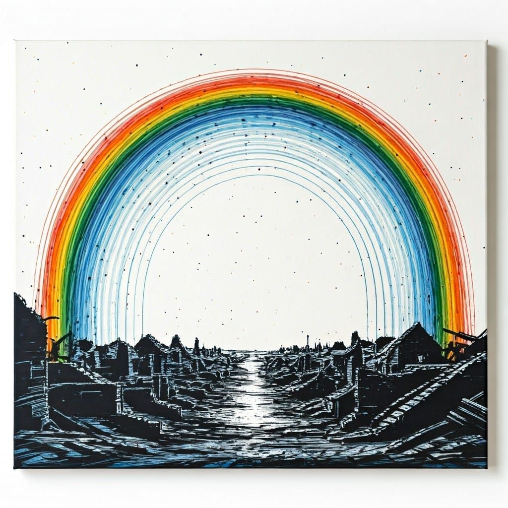 Ink Rainbow Over Bombed Village