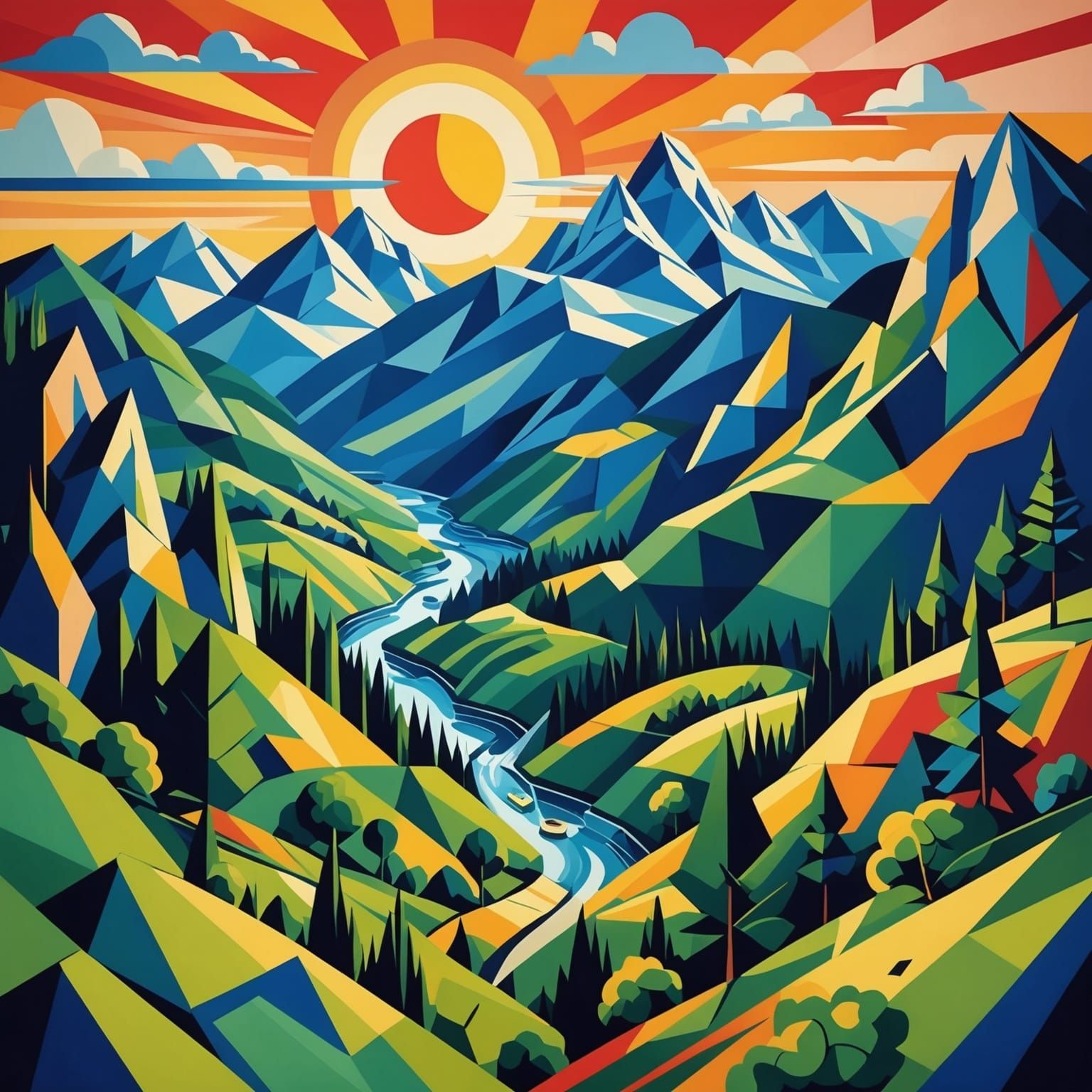 Cubist Mountain Landscape in Geometric Fauvism Style