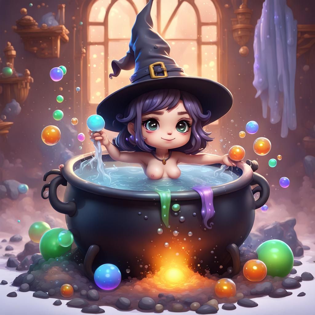 Chibi Witch Bathing in Cauldron with Rainbow Bubbles