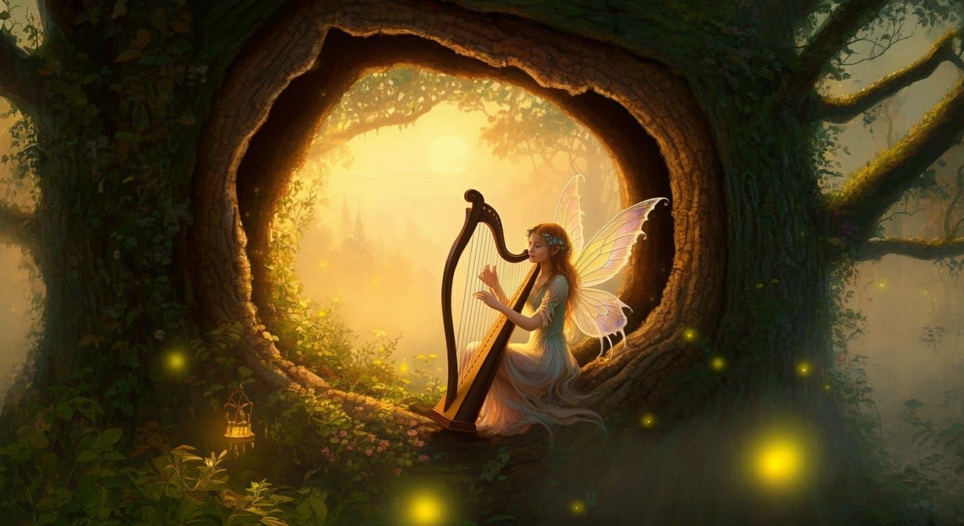 Fairy Strums Harp in Mystical Hollow Tree