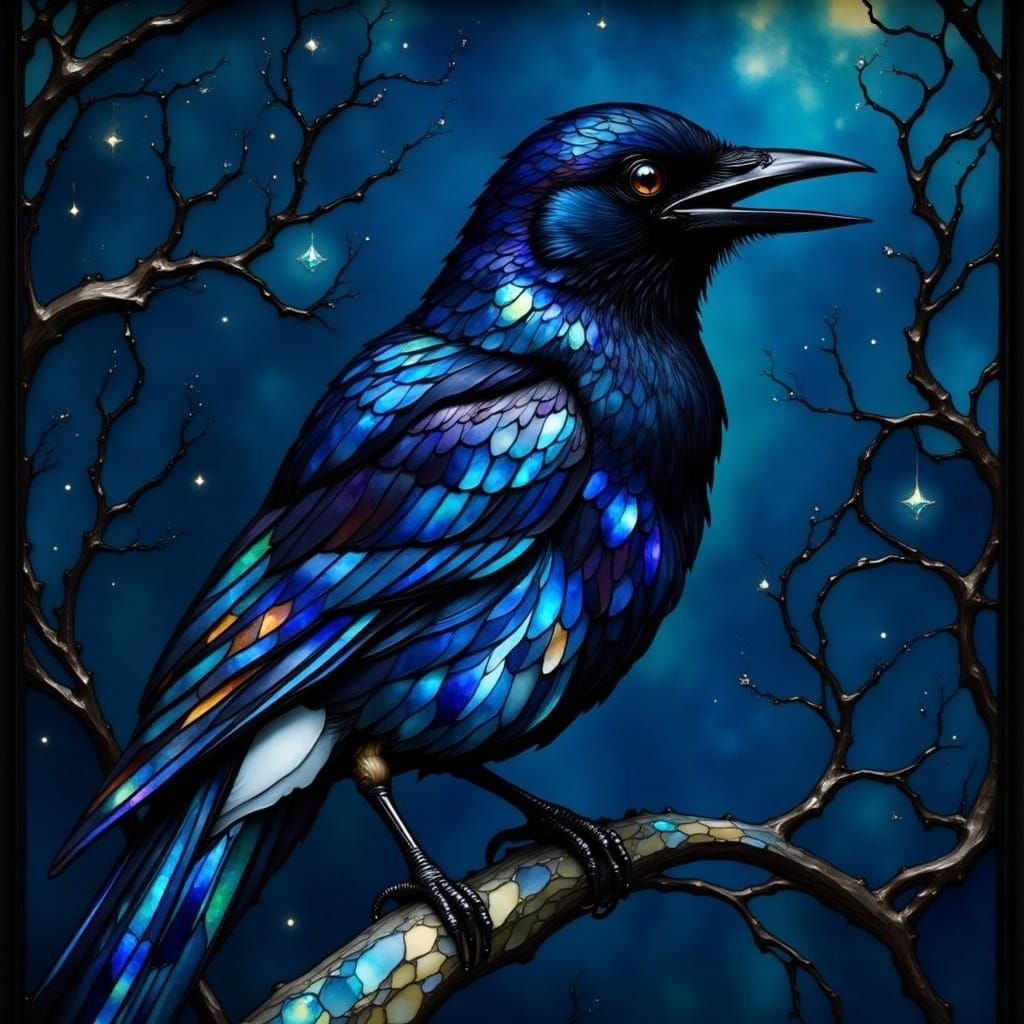 Ethereal Magpie in Stained Glass Night