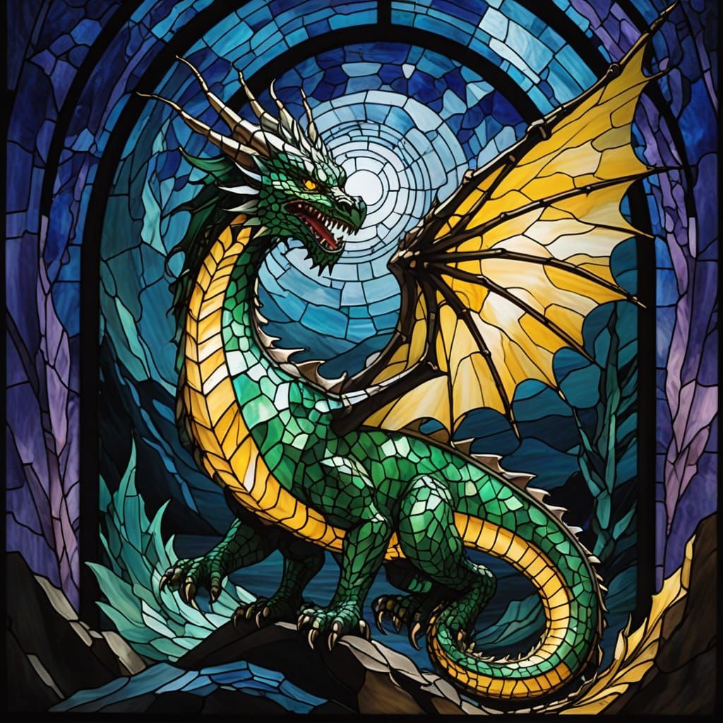 A stunning stained-glass masterpiece showcases a majestic, a...