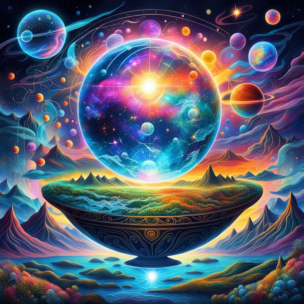 Holographic Sunset Orb: Cosmic Mixed-Media Art