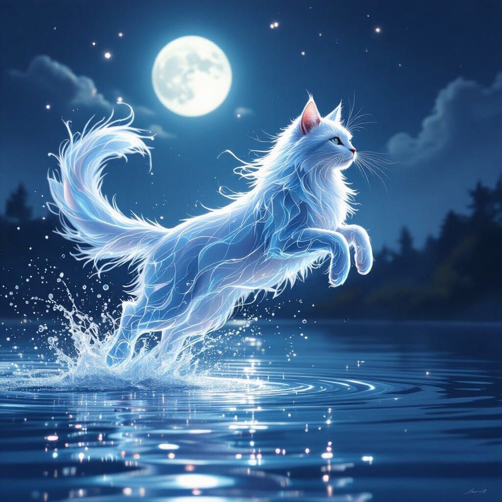 Ethereal Water Cat Leaping Over Moonlit Lake