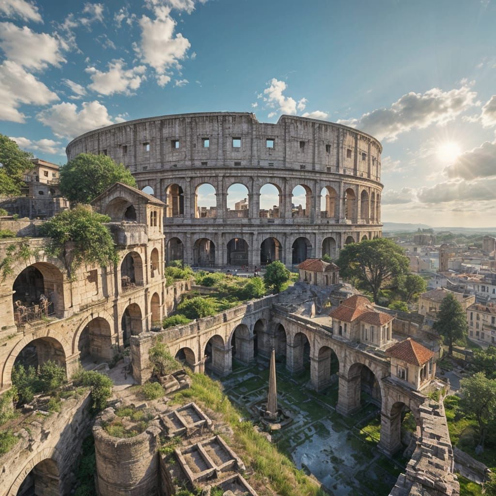 Solarpunk Village in Ancient Roman Ruins