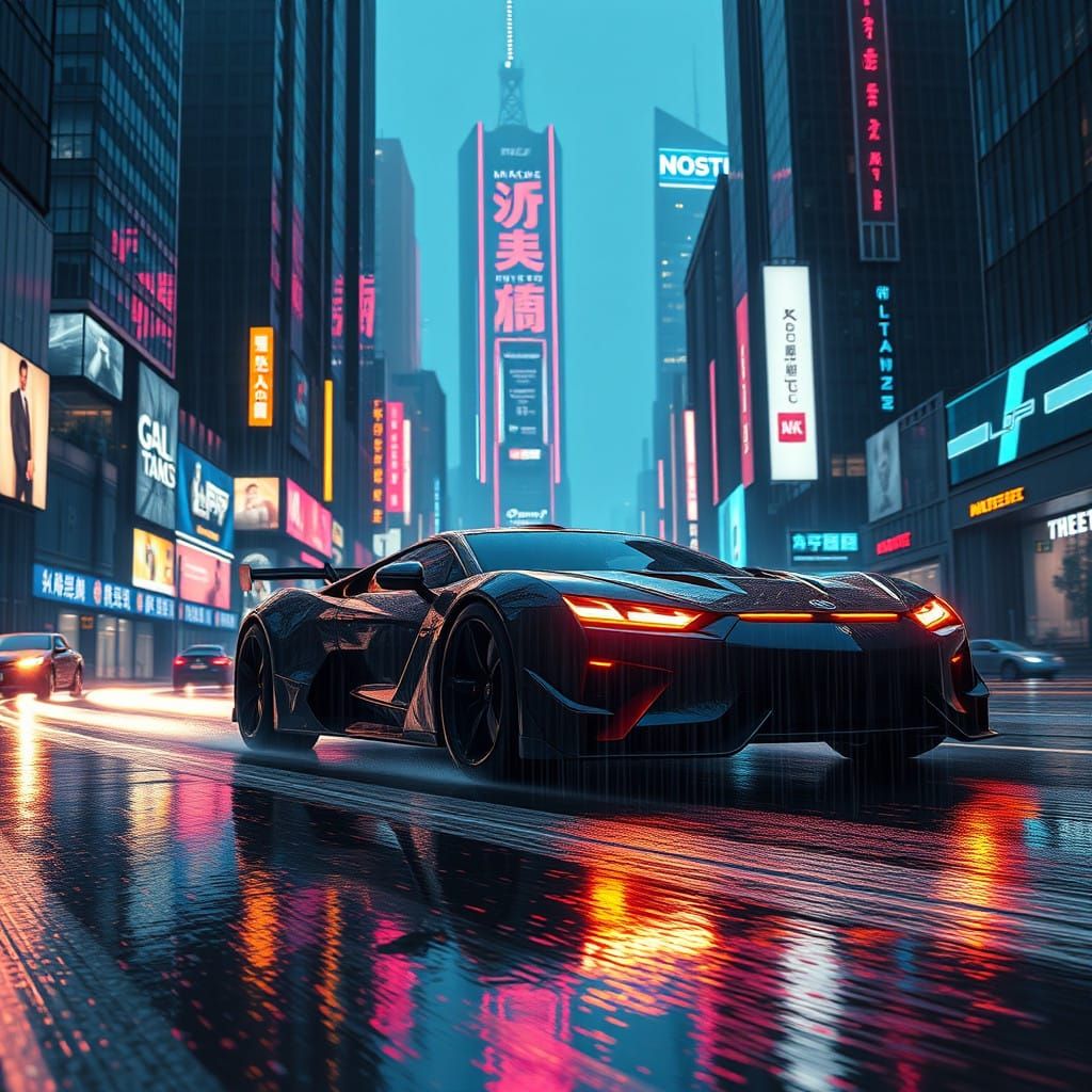 Cyberpunk Car Speeds Down Rainy City Street