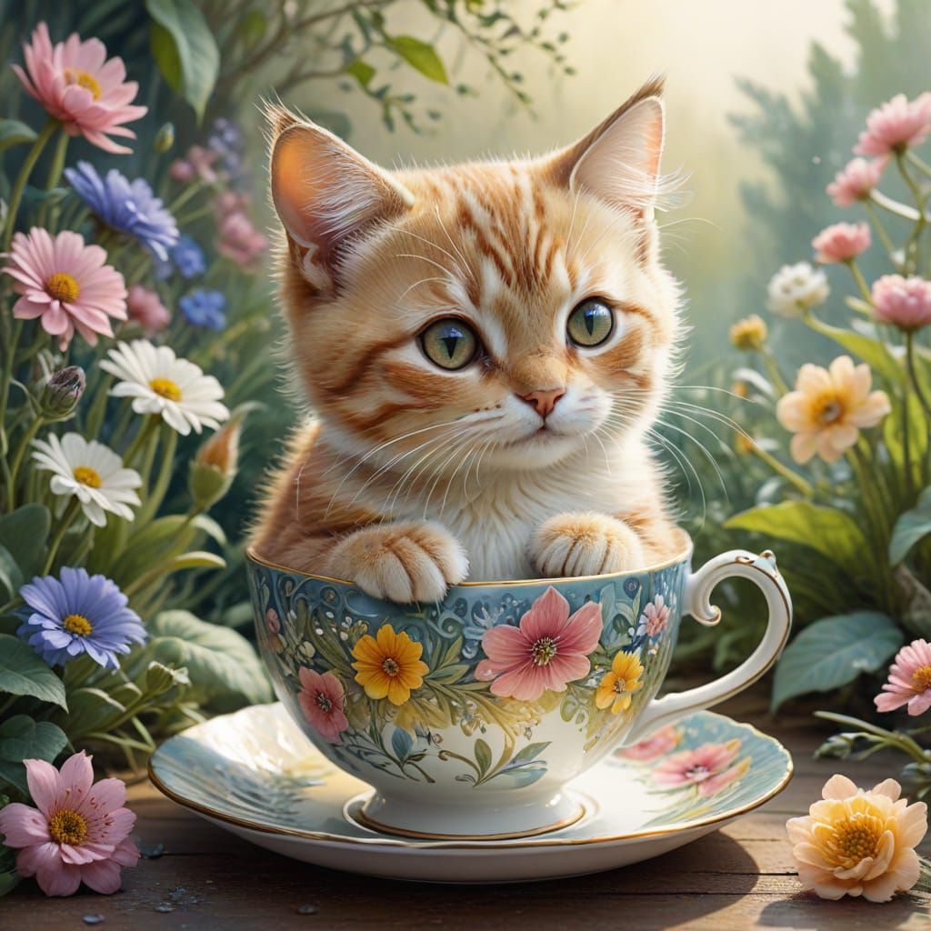 Whimsical Watercolor Wonderland: Baby Cat in Teacup