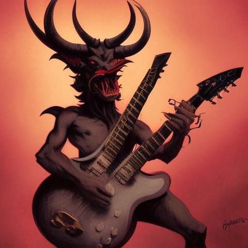 Horned Devil Plays Guitar in Heavy Metal Art