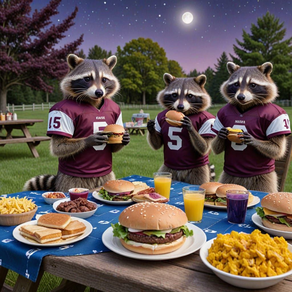 Cute Raccoons Enjoy a Midnight Picnic in Burgundy Jerseys