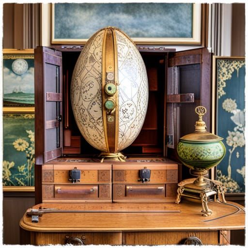 Steampunk Faberge Egg on Vintage Drawers
