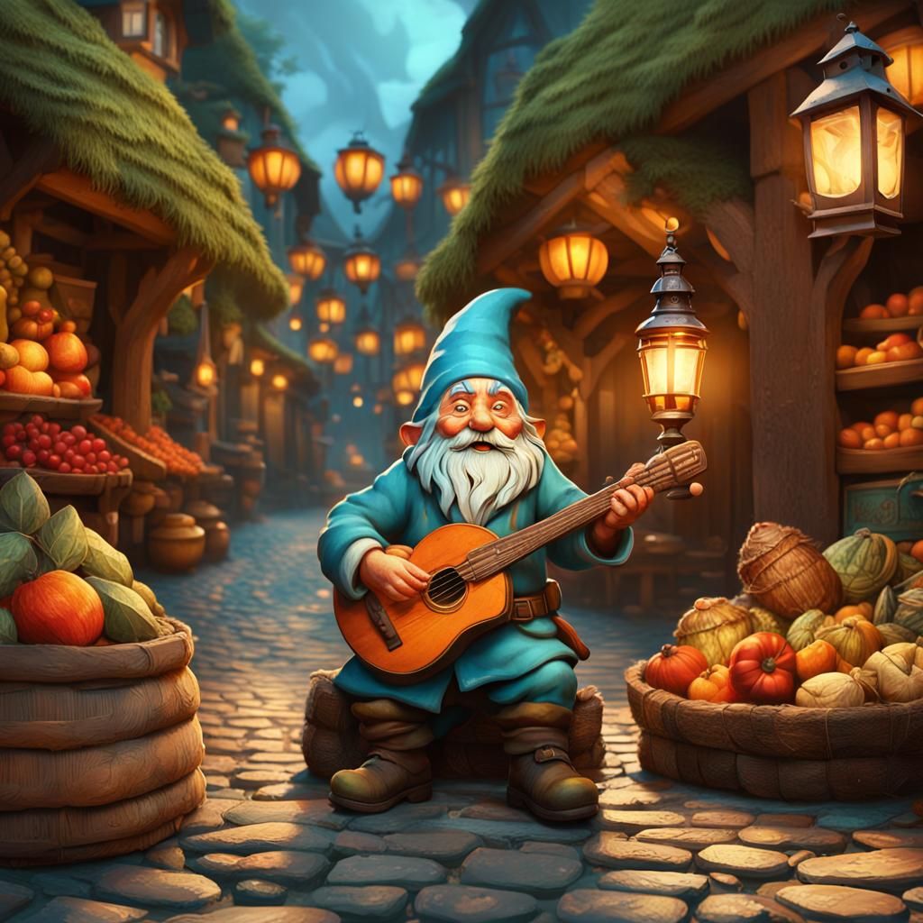 Gnome Busker in a Fantastical Market Scene