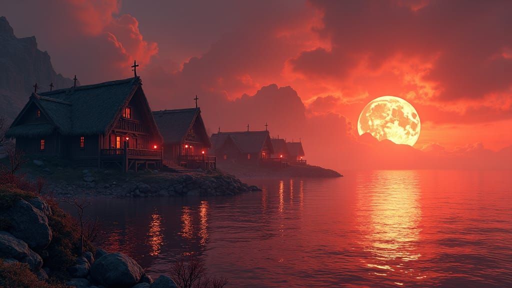 Eerie Nordic Village on Crimson Shores: Dark Fantasy Art