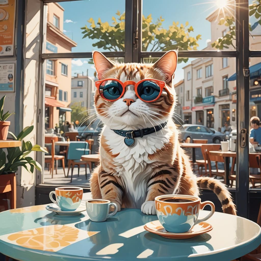 Cartoon Cat Enjoying Coffee in a Café