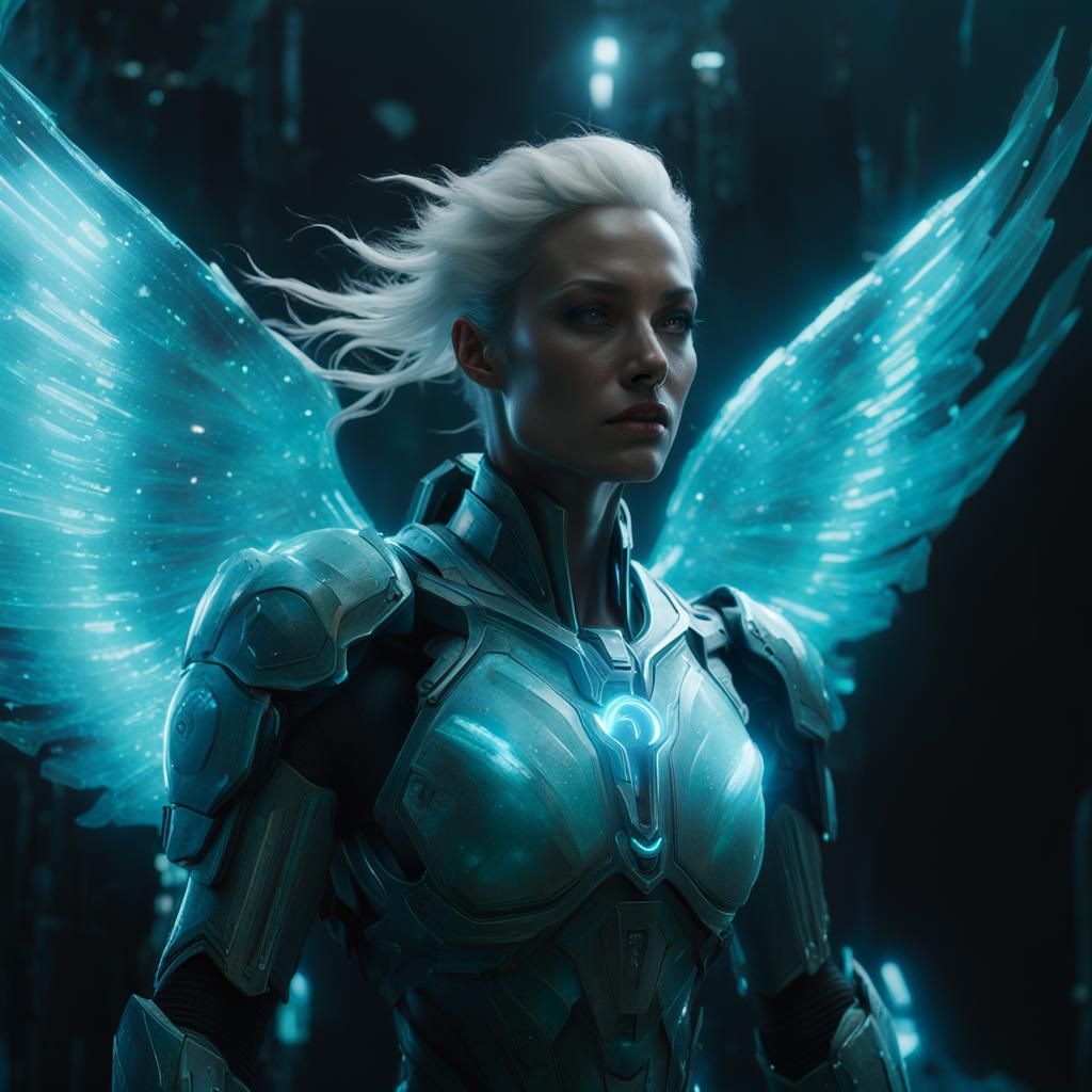 Intricate Angel in White Armor with Neon Light