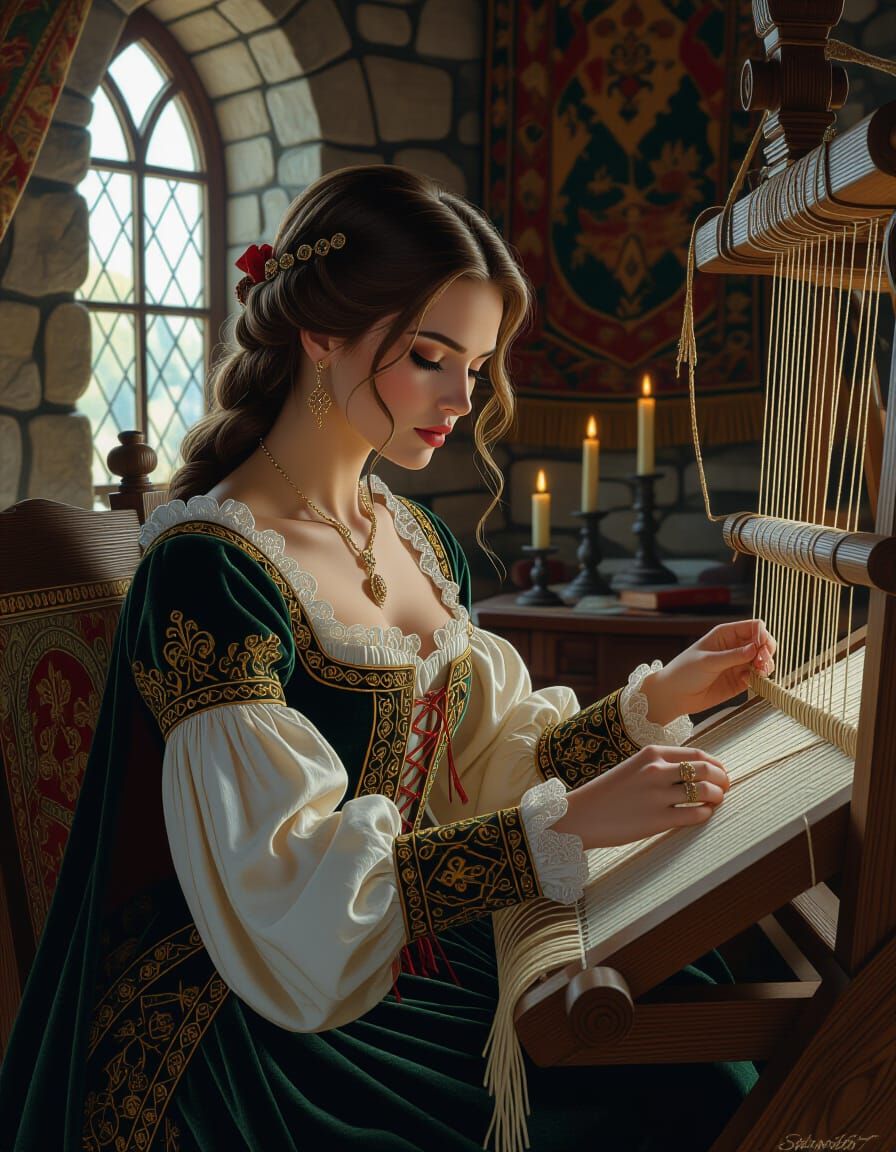 Medieval Lady Weaving Tapestries in Stone Tower