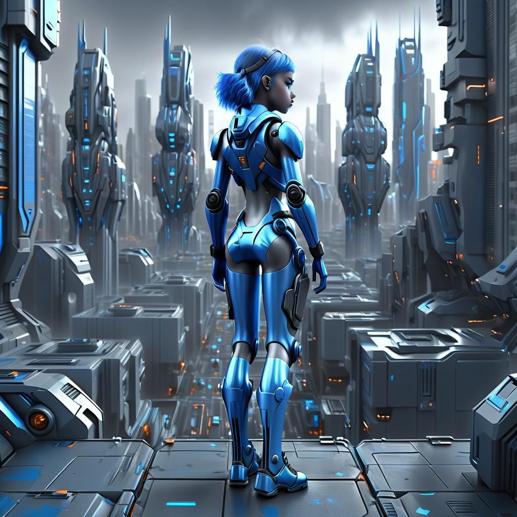 Lonely Blue Figure in Grey Futuristic City