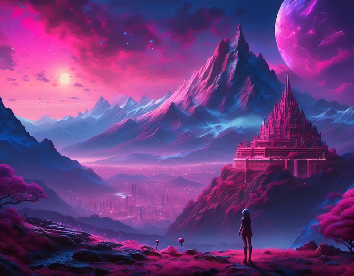 Alien Woman in Snowy Landscape with Nebula Sky