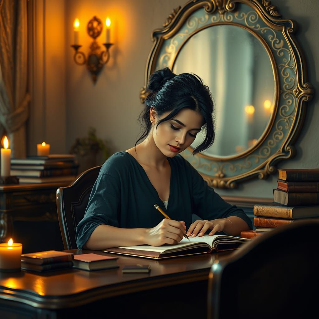 A Woman in Elegant Study Surrounded by Whimsical Magic