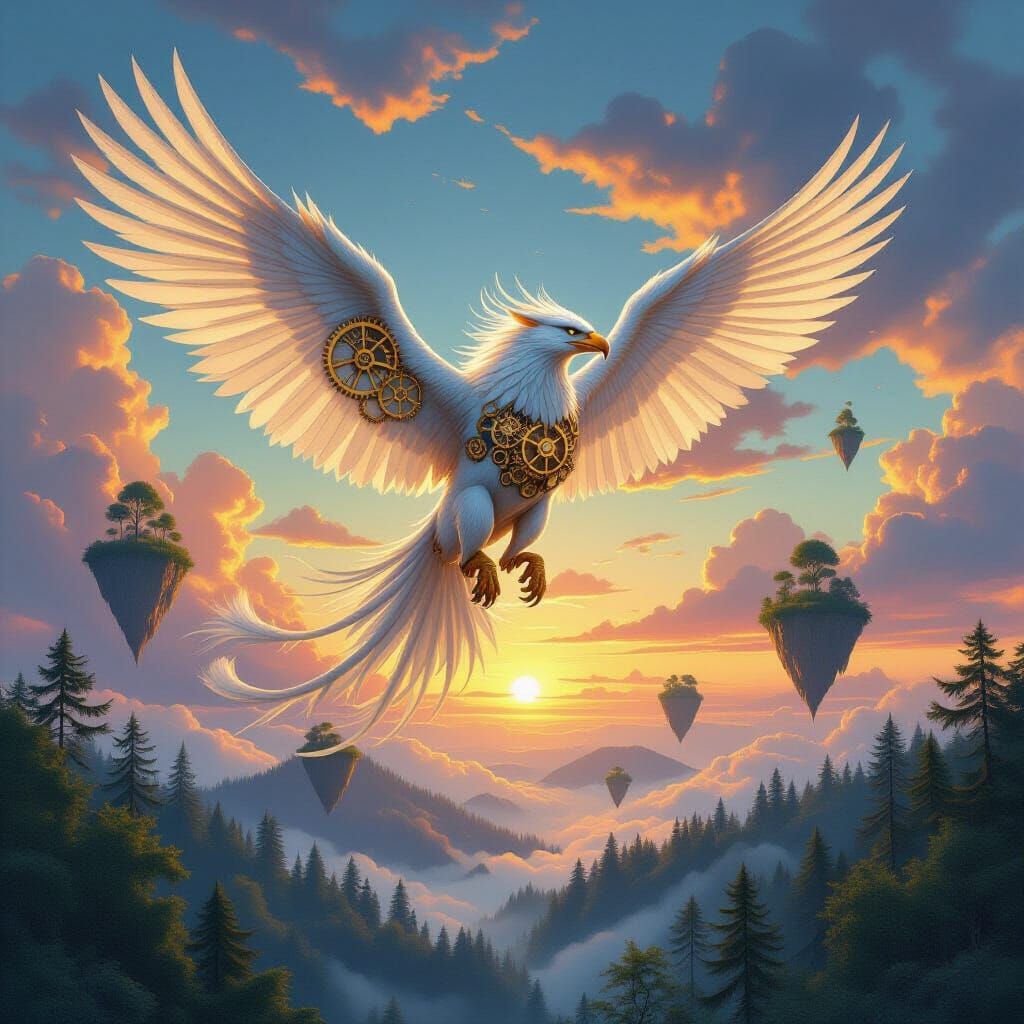 Clockwork Gryphon Soaring Through Floating Islands