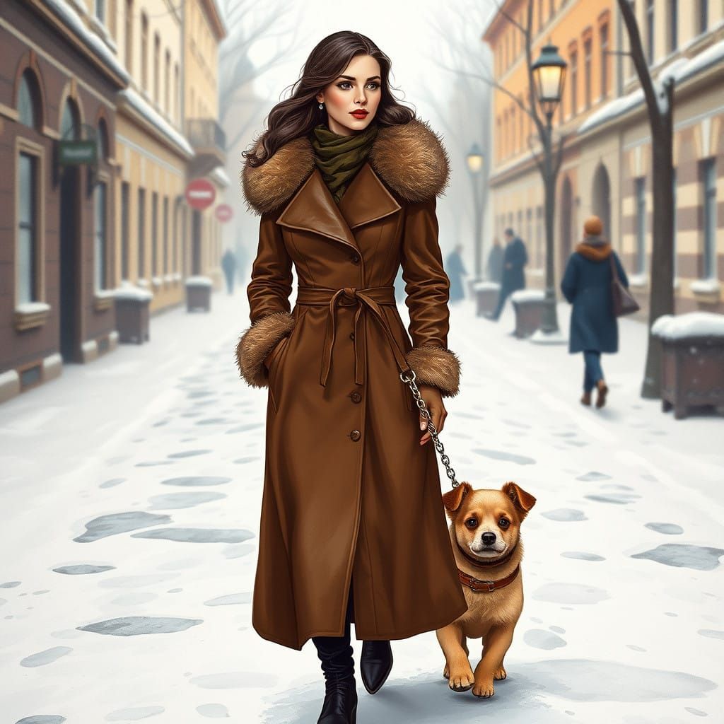 Elegant Russian Woman in Luxury Coat with Fur Trim