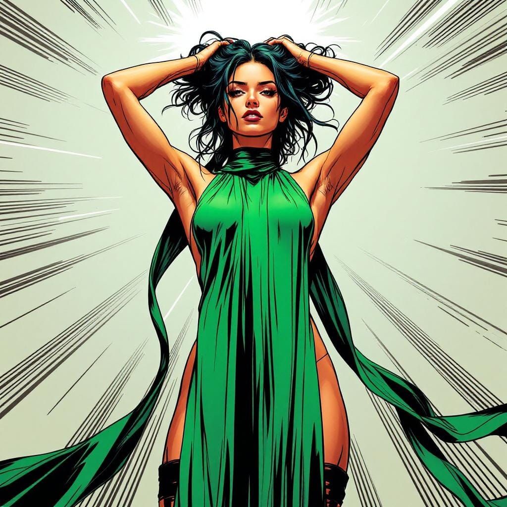 Confident Woman with Green Ribbon in Comic Book Style