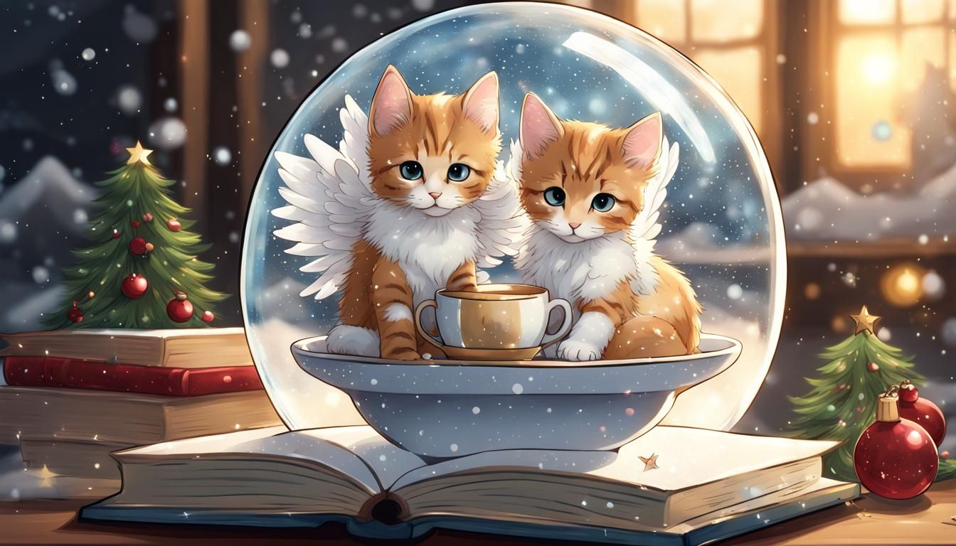 Holiday Anime Cats in Snowglobe Teacup Portal