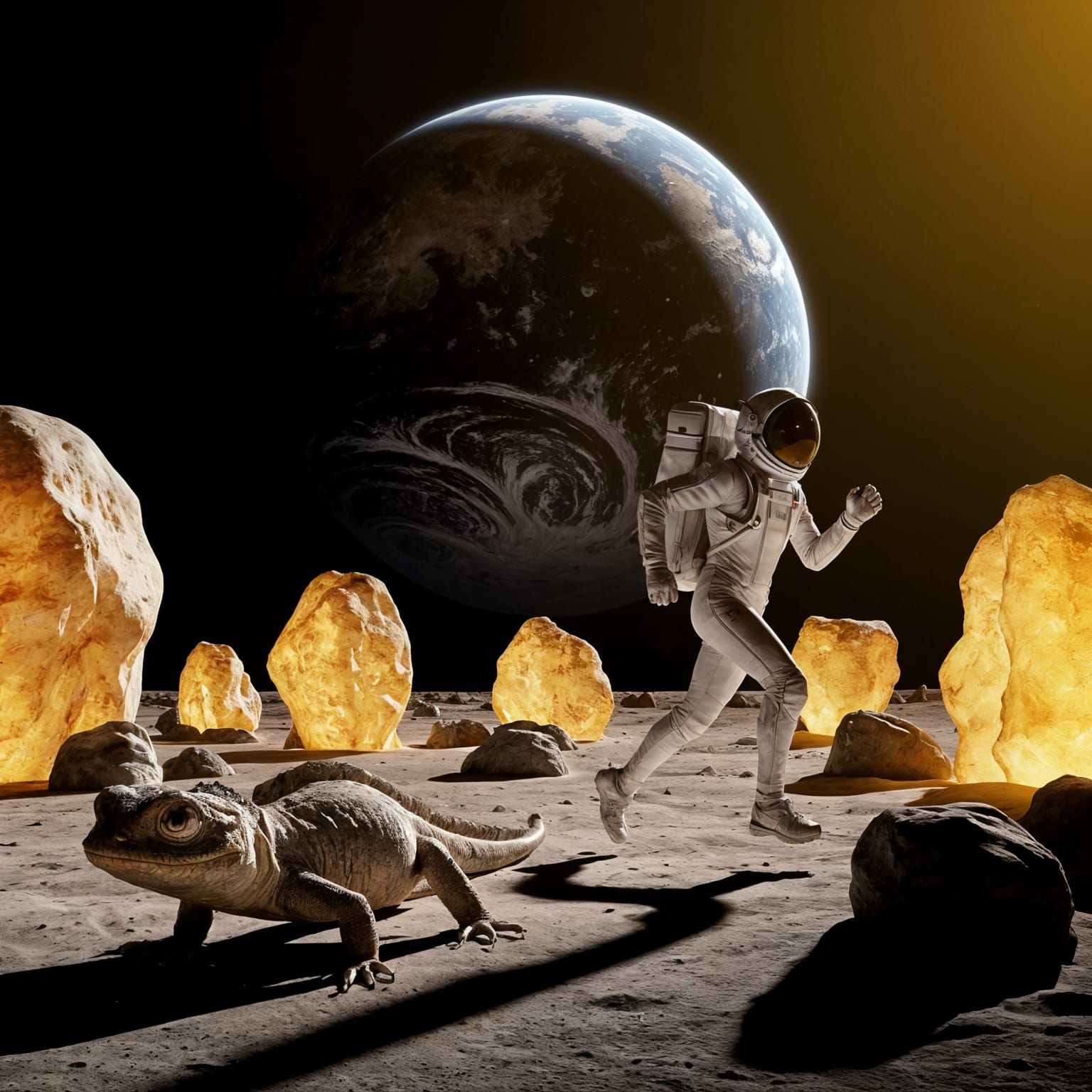 Lizard Runner on Moon with Earth Above