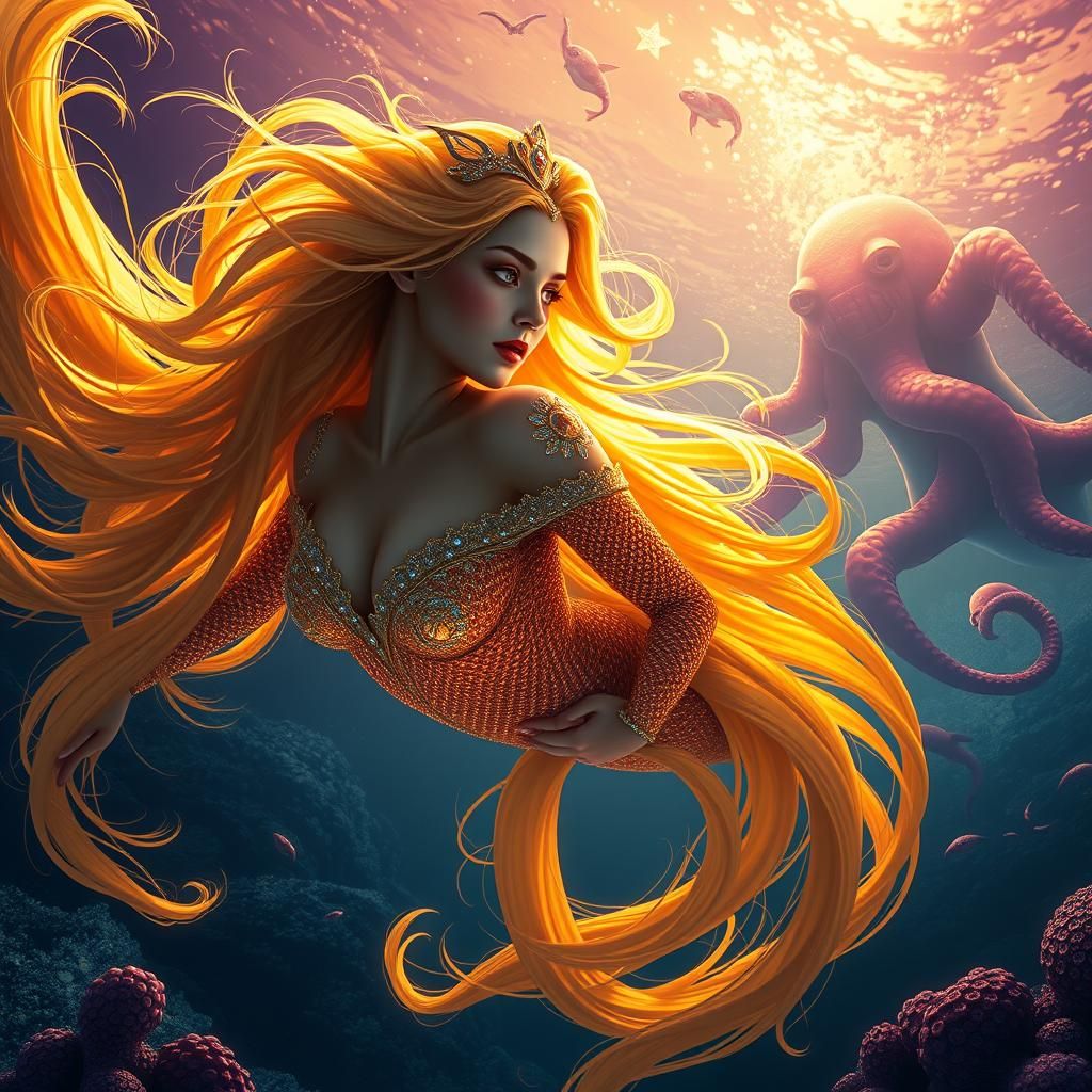 Luminous Mermaid and Shark Battle in Dark Fantasy