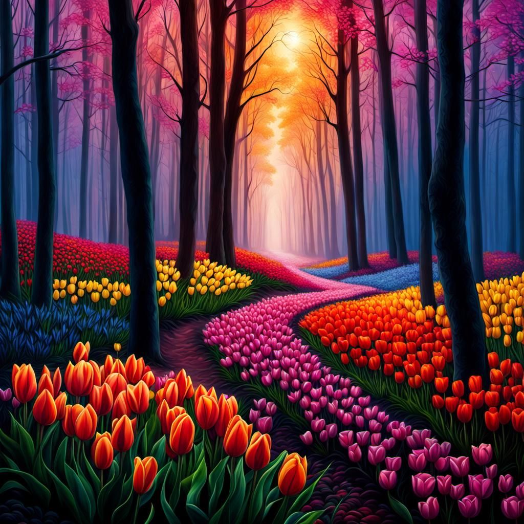 Surreal Metal Forest with Rainbow Trail and Tulips