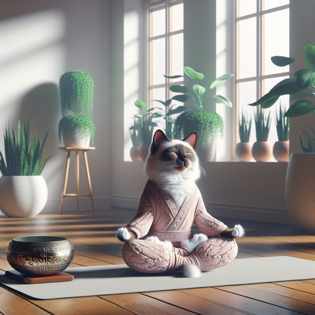 Siamese Cat Meditating in Yoga Studio