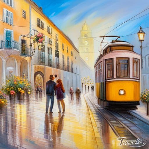 Lisbon Couple with Yellow Tram in Kinkade Style