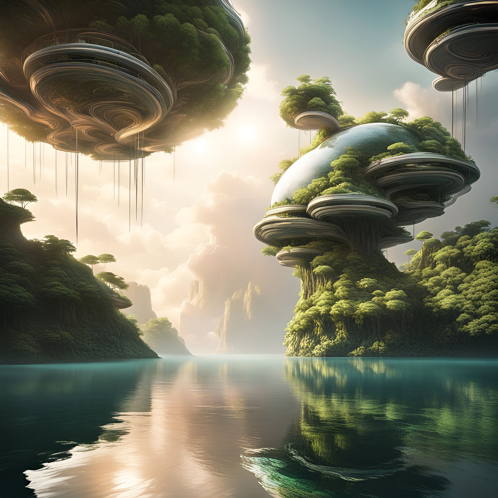 Sci-Fi Floating Island in Ethereal Landscape