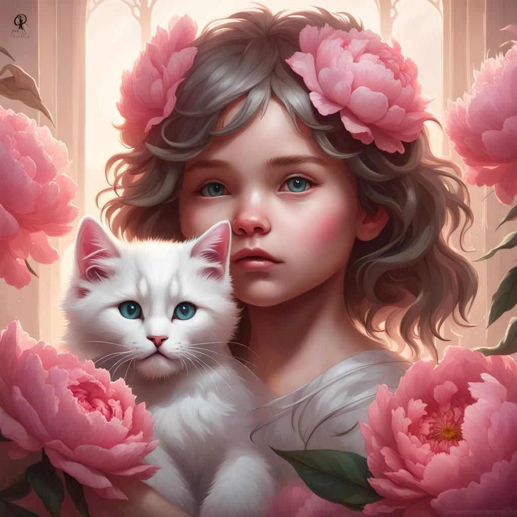 Toddler Girl and Kitten Portrait in Art Nouveau Style