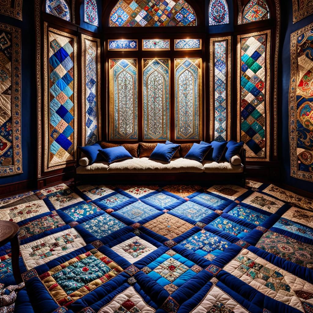 Opulent Arabic Room with Antique Quilts in Qajar Art Style