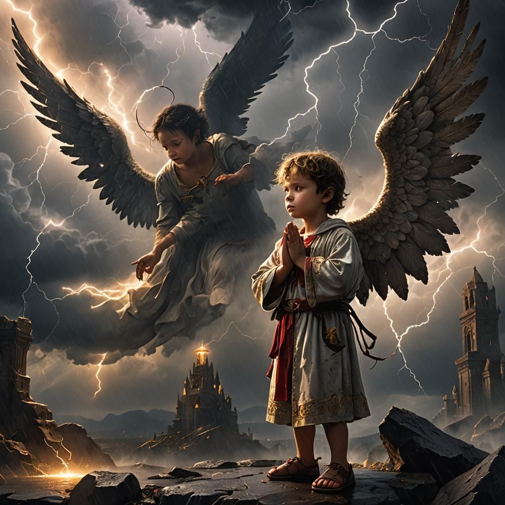 High-Fantasy Angel Protects Praying Child in Storm