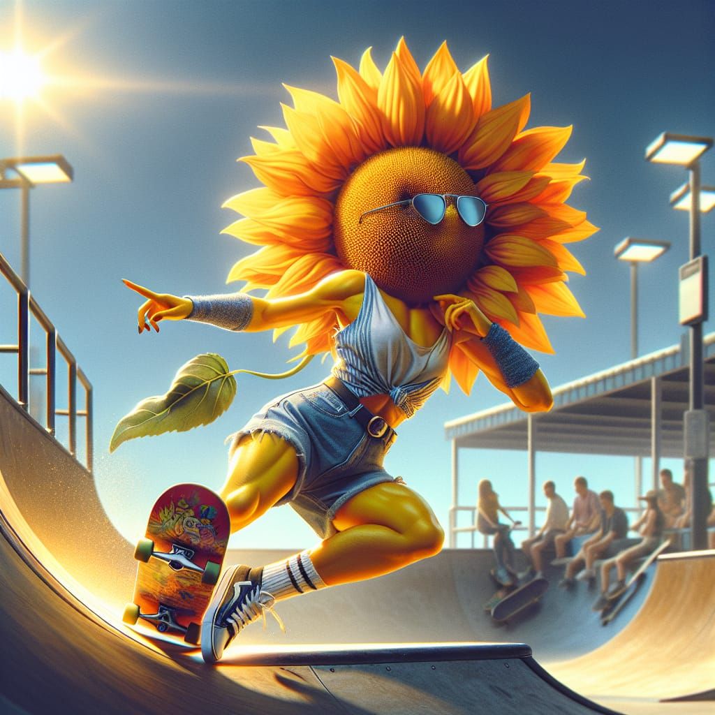 Sunflower Skateboarder in Hyperrealistic Style