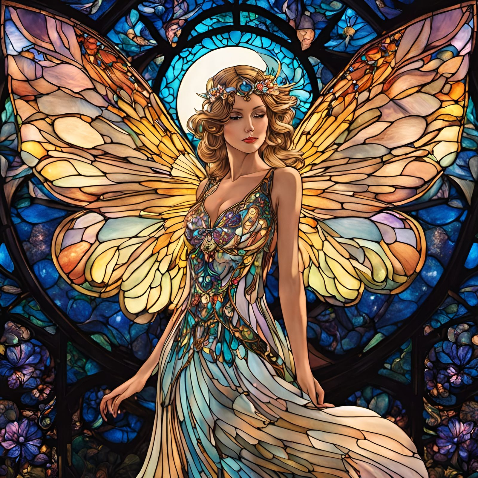 Stunning Stained Glass Fairy with Moon Wings