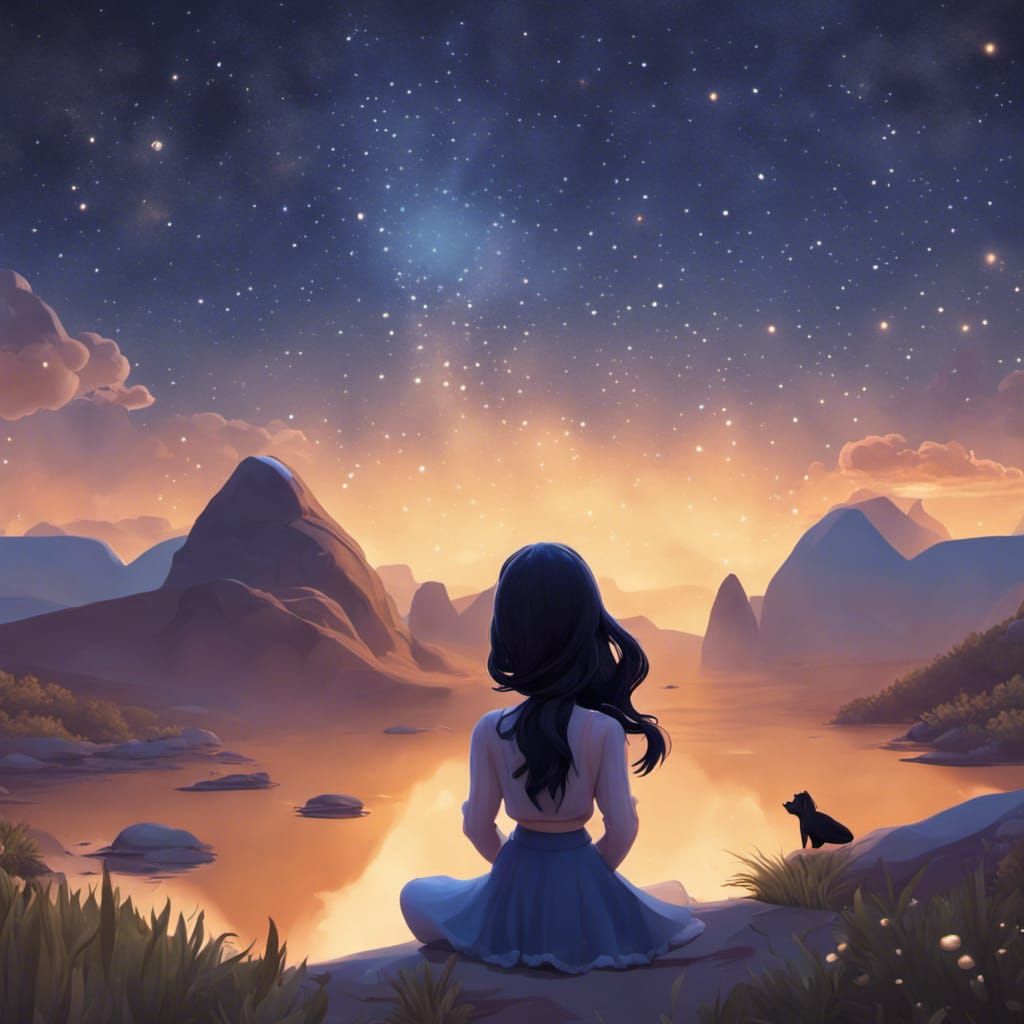 Chibi Girl Admiring Starry Night: 3D Digital Art