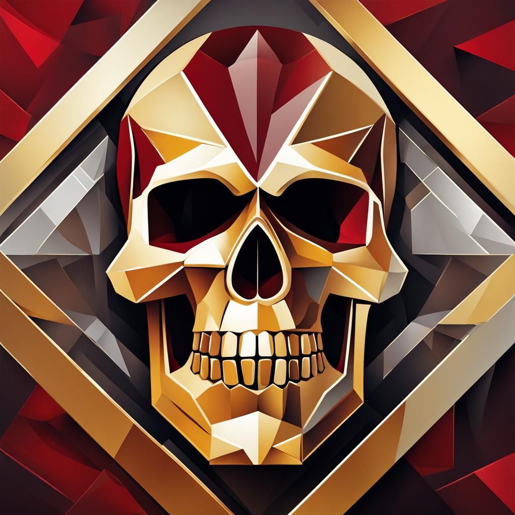 Gold and Silver Skull in Cubist Art Deco Style