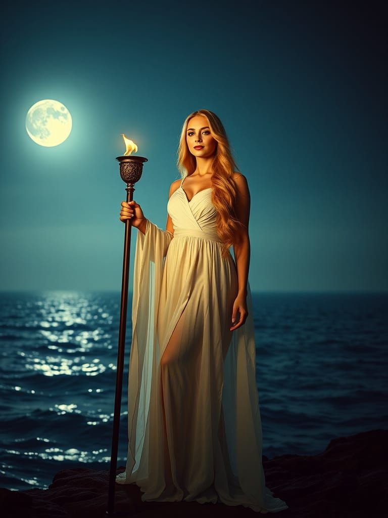 Ethereal Priestess Illuminates Mystical Night