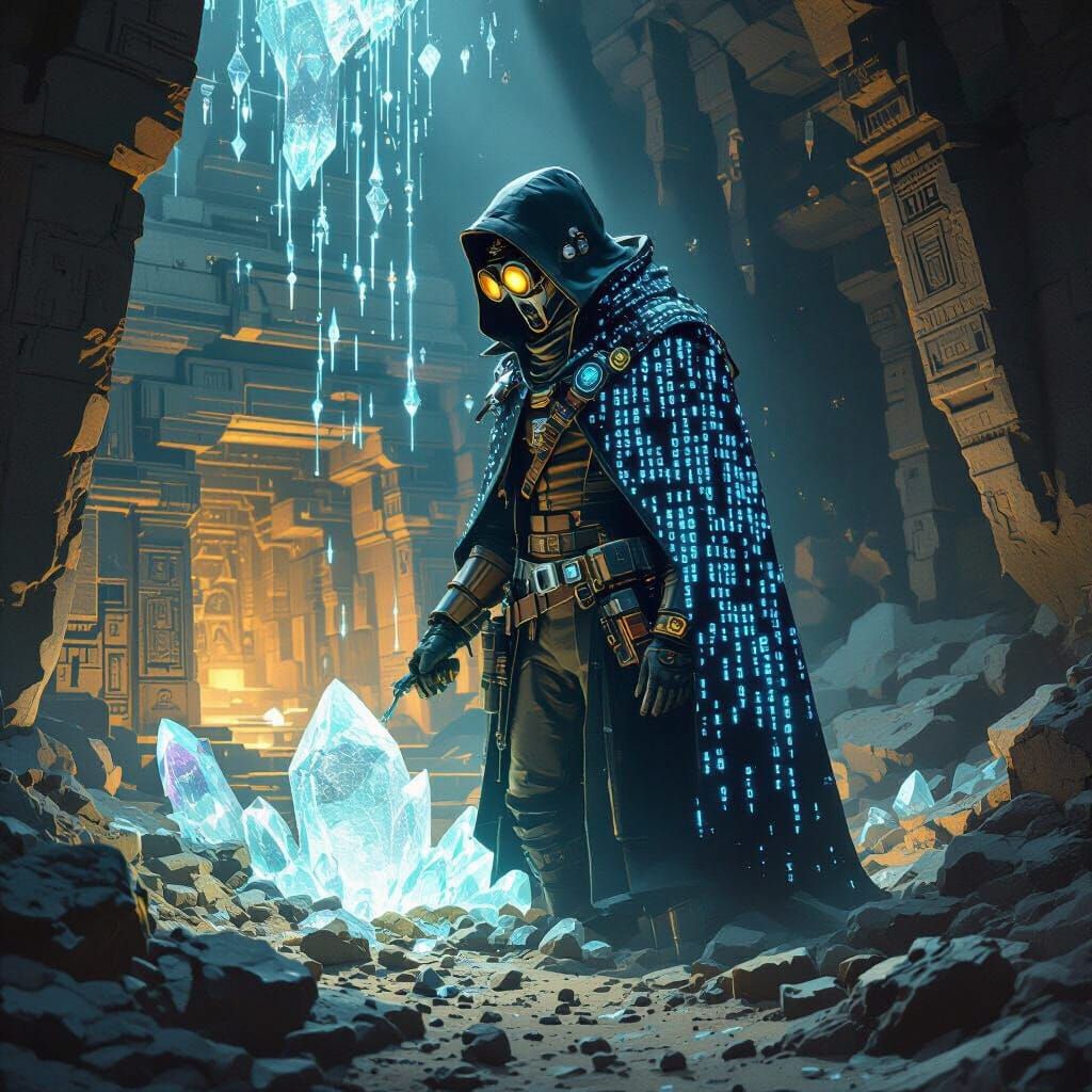 Cyberpunk Archaeologist Unearthing Ancient Pyramid Chamber