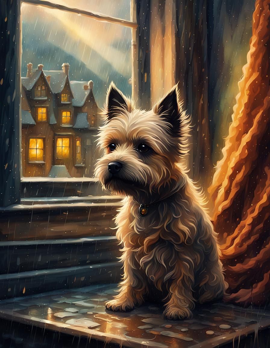 Cairn Terrier in Rainy Window, Fantasy Art