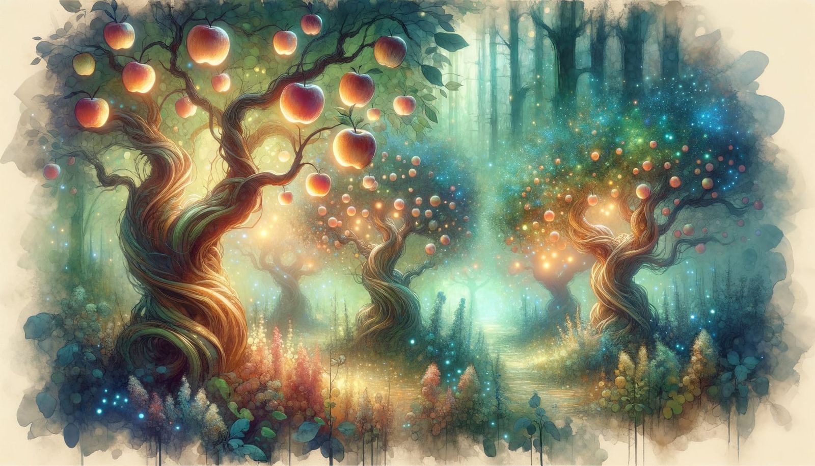 Bioluminescent Apples in Mystical Watercolor Forest